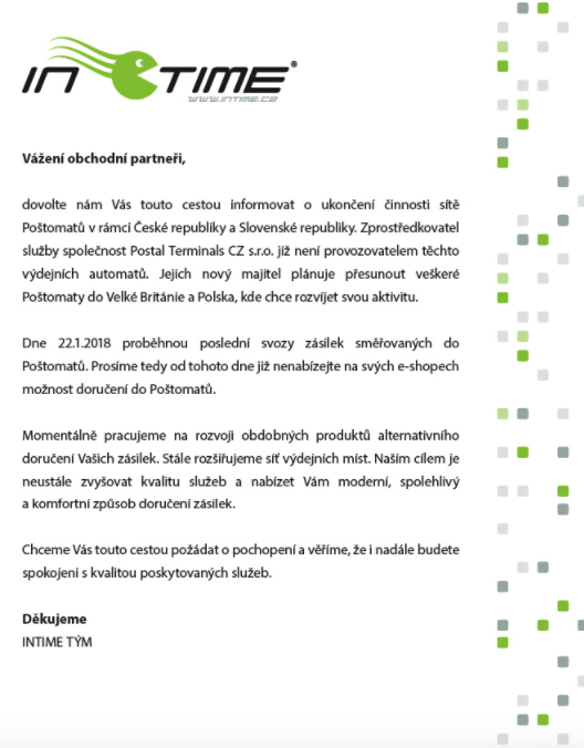odstávka balíkomatů INTIME