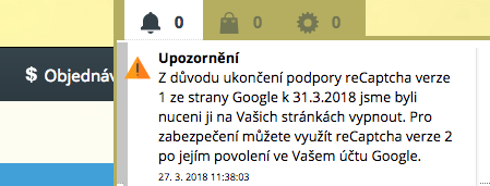 notifikační centrum a informace o nutnosti aktivace ochrany formulářů captcha