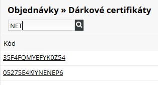 vyhledávání dárkových certifikátů